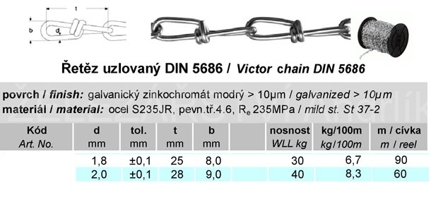 Řetěz uzlovaný - uzlíkový DIN 5686, Zn,tabulka